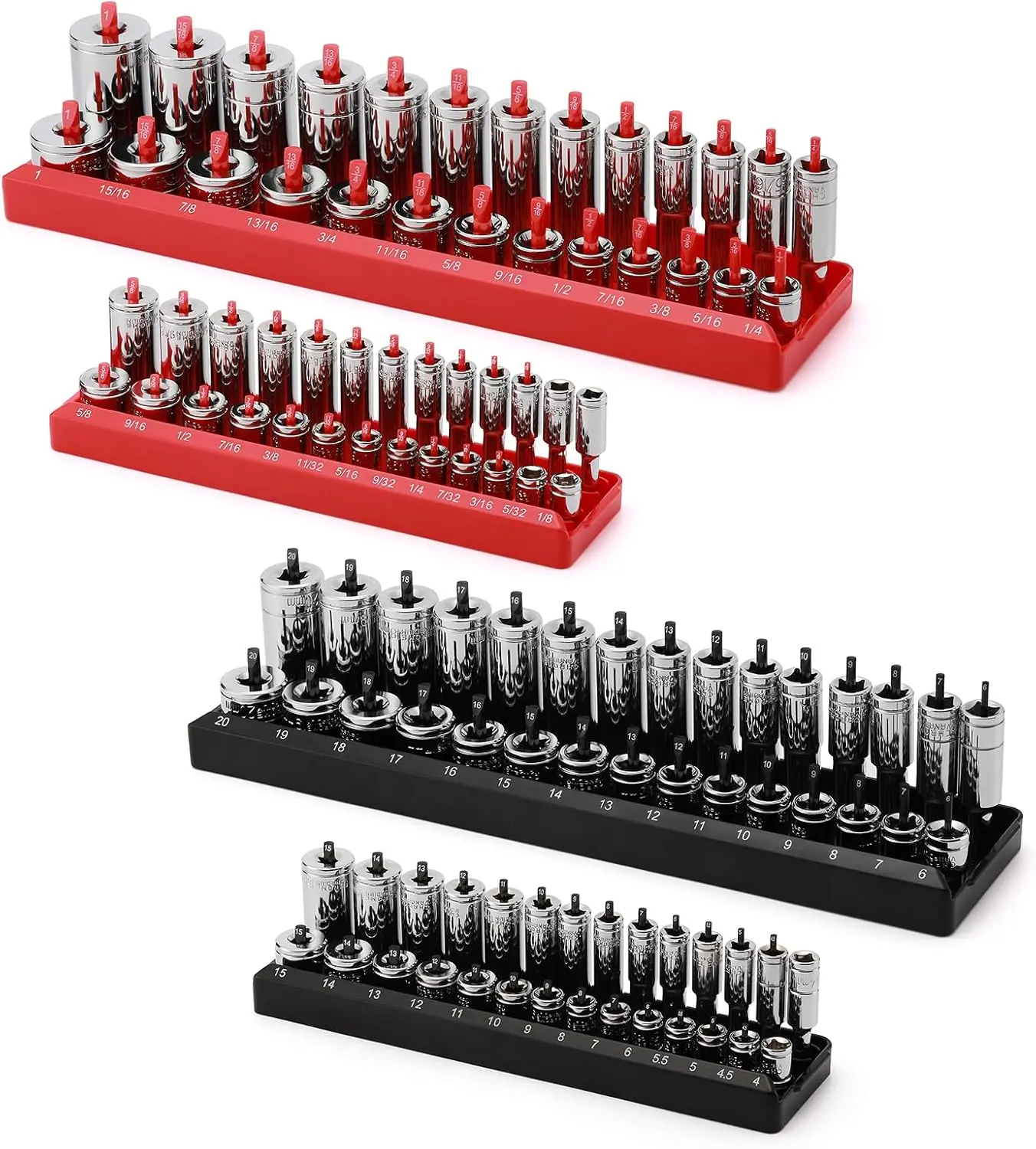 1/4-Inch & 3/8-Inch Drive Socket Organizer Trays, 4-Piece SAE and Metric Socket Tray Set, Deep and Standard Socket Holders Organizers for Toolbox, Black & Red