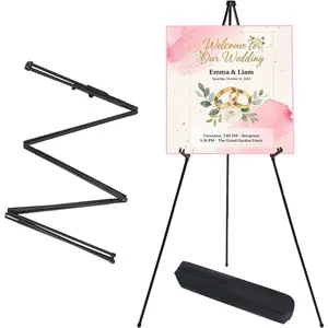 66-Inch Folding Metal Art Easel for Painting, Poster & Canvas Display, Black Portable Adjustable Height Sign Easel Stand with 2 Clips for Weddings, Gallery, Office & Classroom Presentations