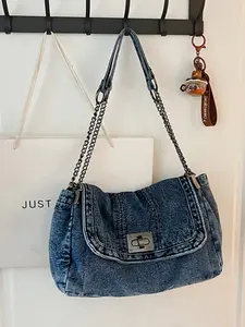 Vintage Distressed Denim Chain Crossbody Bag, denim shoulder purse, Large Capacity Flip Lock Commuter Bag, Casual Versatile Solid Pattern Shoulder Bag for Women, Multiple Colors Available