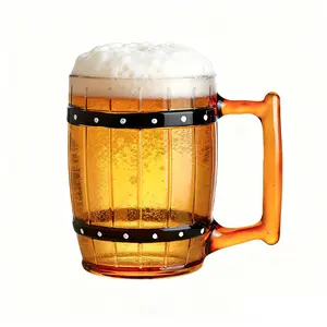 Vintage Barrel Style Beer Glass Mug, 12oz Thick Glass Drinking Cup with Handle, Tavern Style Beer Mug Gift