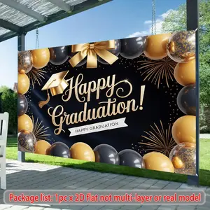 2D Flat Banner Polyester Photography Backdrop, Black and Gold "Happy Graduation" Theme with Graduation Cap, Balloons, and Fireworks Design, HD Digitally Printed Soft Lightweight Foldable Reusable Background Cloth for Graduation Ce
