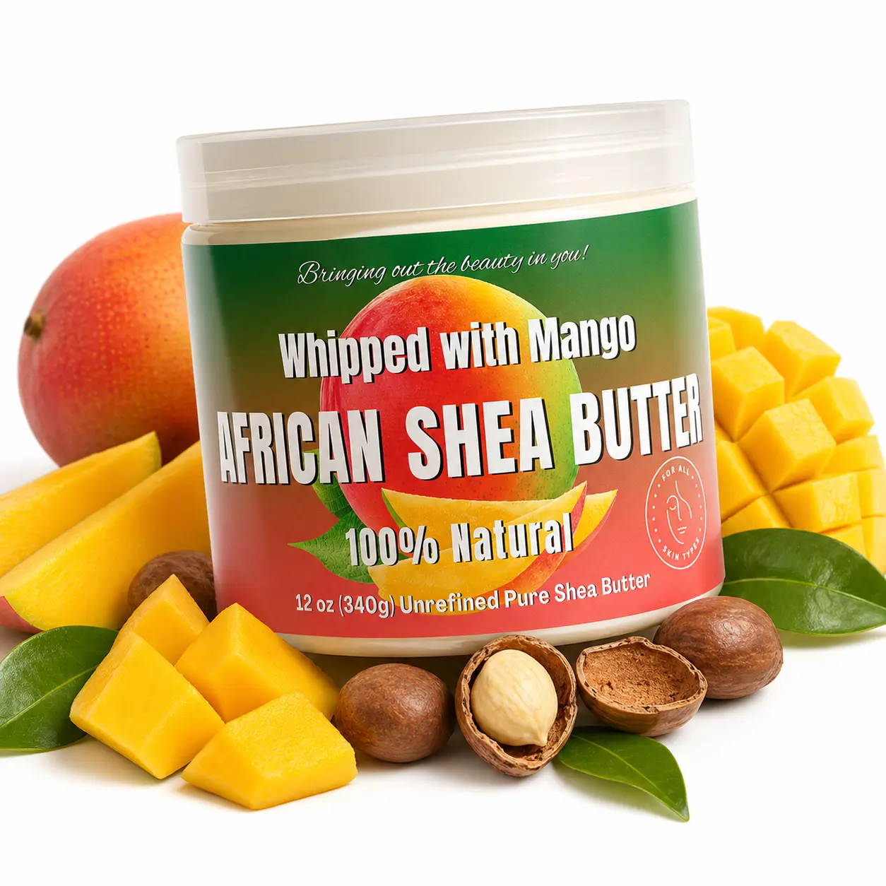 Whipped Shea Body Butter w/ Mango - 100% Pure and Natural African Shea Butter for Men & Women - Ultimate Handcrafted Moisturizer with Essential Vitamins for Radiant Skin & Luscious Hair