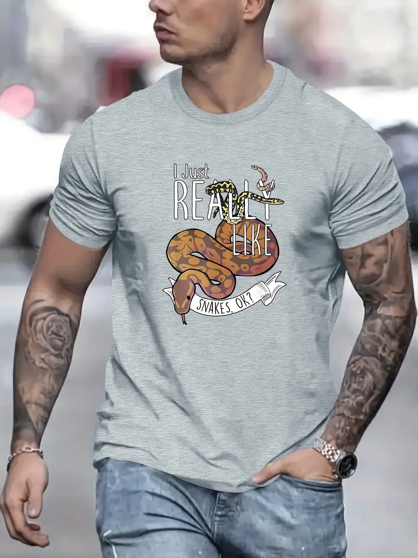 Funny "I Just Really Like Snakes" Graphic Tee, Ball Python Reptile Art, Streetwear Style, Loose Fit, Casual Daily Wear & Humorous Gift for Snake Owners