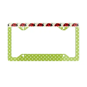 Ladybug License Plate Frame, Cute Green Polka Dot Car Tag Holder, Spring Garden Aesthetic 12.3x6.5" Aluminum Frame for Women & Girls