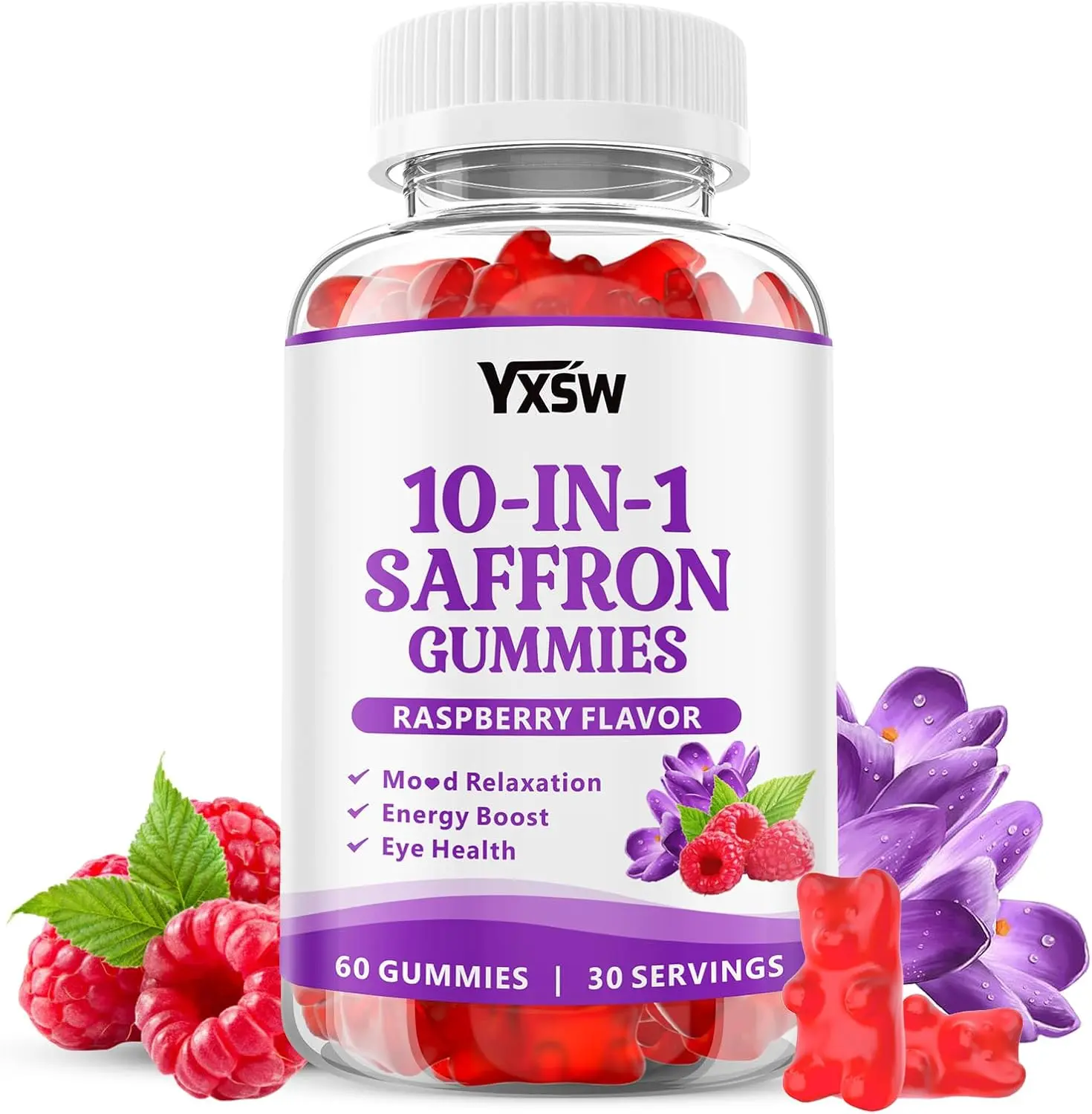 Saffron Gummies, Saffron Supplements  with Ashwagandha, L-Theanine, Lemon Balm, Vitamin D3, B6, Magnesium & Zinc - Support Focus, Relaxation, Raspberry Flavor, 60 Count