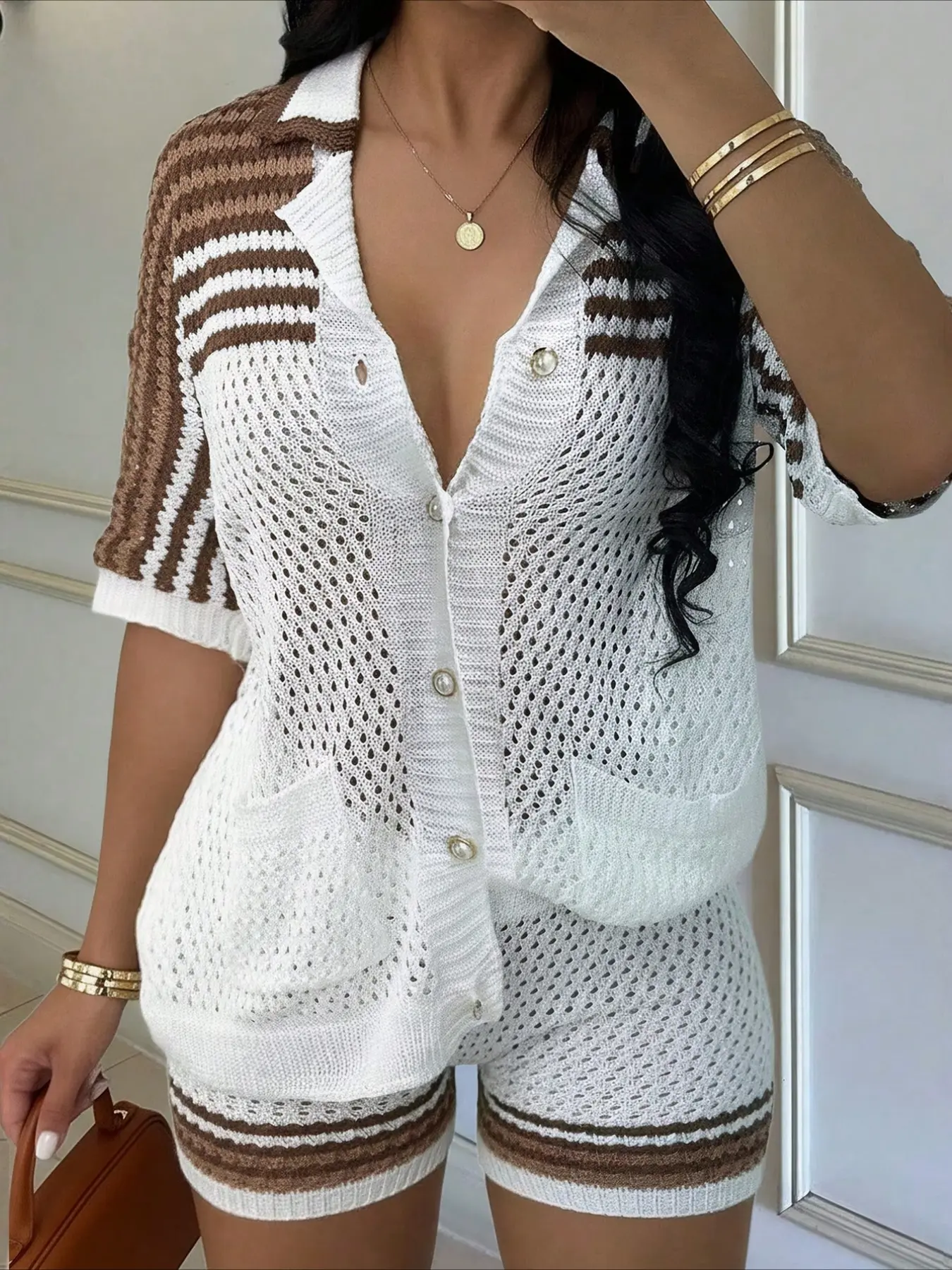 2pcs Striped Pattern Front Button Short Sleeve Shirt & Knit Shorts Matching Set, Womenswear, Chic, Casual, Suitable For Valentine's Day, Music Festival, Beach Vacation Spring