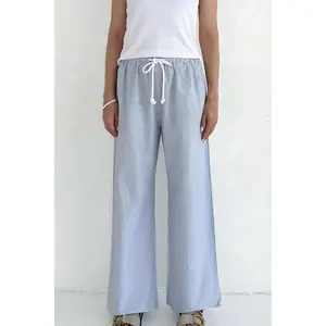 Low Tide Blue Pinstripe Wide Leg Linen Blend Pants