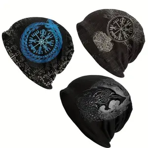 1 pc Drapeau Viking Serpent Joermungand Bonnet – Vegvisir & Tree of Life Skullies Beanies, Thin Hat – Ideal for Winter Wear – Perfect Gift for Viking Fans & History Enthusiasts