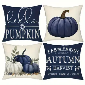 4pcs, Autumn Pumpkin Throw Pillow Covers - Navy Blue Farmhouse Harvest Decor with Hello Pumpkin, Fall Phrases Cushion Covers for Sofa, Porch, Thanksgiving Single-sided Printing, Without Pillow Core