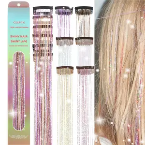 6 Colors Clip in Hair Tinsel 23.6 Inch Fairy Hair Tinsel Clip in Glitter Hair Extensions (Pink, Gold, Purple, Brown, White, Silver) Hair Accessories for Girls Women Kids (6 Colors)