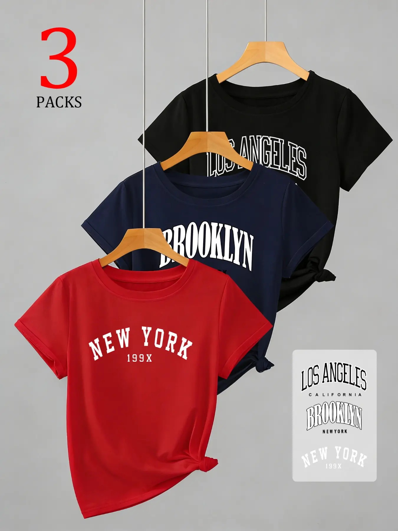 3 Pack Women’s City Print T-Shirts, New York Brooklyn La Letter Graphic Tees, Casual Crew Neck Short Sleeve Tops, Trendy Streetwear for Summer