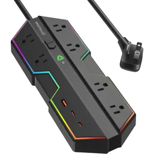 6 Outlet Surge Protector with USB Power Strip (2 USB-C) 6 Ft Extension Cord, LED Light with Full Spectrum Color Select,Compatible with Gaming PC,Black (65W)