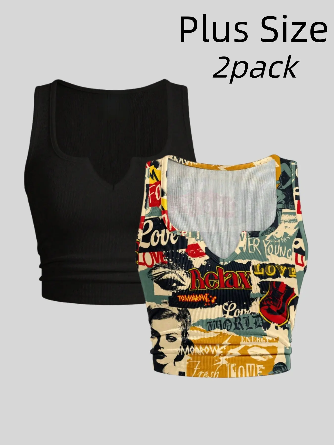 Women's Plus Size 2-Pack Slim Fit Tank Tops, Notched Neck Sleeveless Printed & Solid Color Casual Breathable Summer Tops for Daily Wear, Trendy Top, Womenswear