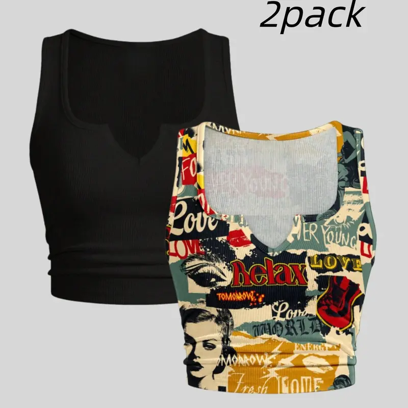 Women's Plus Size 2-Pack Slim Fit Tank Tops, Notched Neck Sleeveless Printed & Solid Color Casual Breathable Summer Tops for Daily Wear, Casual Basic Tanks, Womenswear