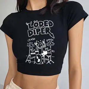 Lodeed Dipper Letter Print Crop Top Y2K Gothic Summer Tee Vintage Short Sleeve Slim T-shirt Woman Clothing midriff-baring top
