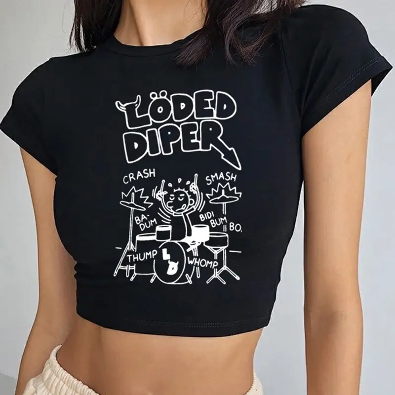Lodeed Dipper Letter Print Crop Top Y2K Gothic Summer Tee Vintage Short Sleeve Slim T-shirt Woman Clothing midriff-baring top