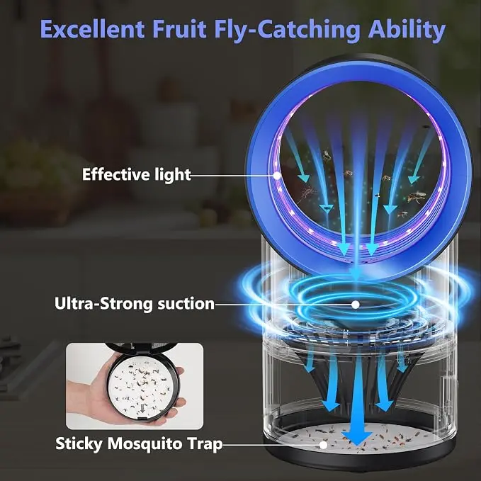 Blue Light Fruit Fly Trap for Indoors, Plug in Bug Zapper with Suction Fan & Timer, UV Light Gnat Killer for Kitchen Plants, Quiet Flying Insect Catcher with 10 Refills, Kid & Pet Friendly Indoor Fly Trap