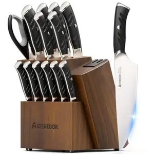 Kitchen Knife Set with Block and Dual Sharpener 15 Pcs German Stainless Steel Knives Full Tang Sharp Blade Dishwasher Safe Ergo