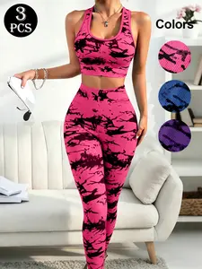 3pcs Women's Sportswear Set, High Waist Tummy Control Bra, Butt Lifting Yoga, Casual Party Wear, Indoor Outdoor Activewear