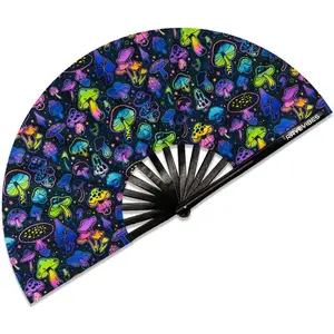 13" Large Rave Fan Folding Hand Fan,  Festival Clack Fan Foldable UV Glow Edm Fans For Rave Outfits Accessories Performance Dance Party For Men Women, Mushrooms