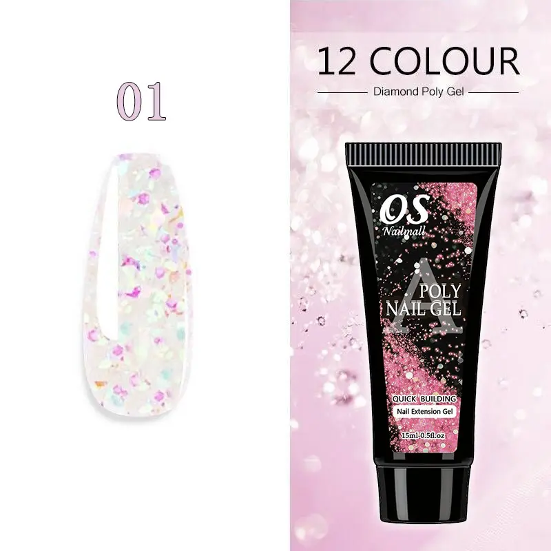 Osnailmall 12 Color Nail Polygel Glitter Sequins, Nail Builder Gel for Quick Nail Art, Nail Extension, Perfect for DIY Manicure Supplies, Nail Care, Nail Polish, Polygel Nails