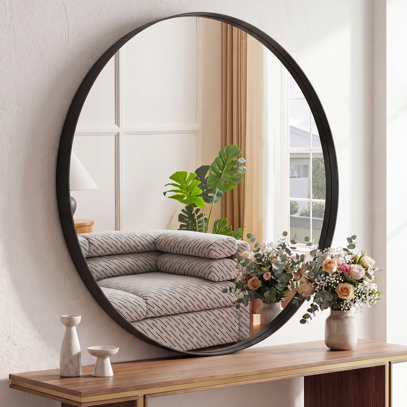 DUMOS Round Wall Mirror , Bathroom Wall Circle Mirror Bathroom Decor for Entryway, Living Room, Vanity, Metal Frame, Tempered Glass, Anti-Rust, Hanging or Leaning
