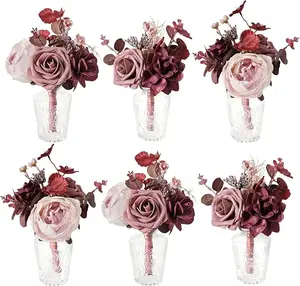 TINGE TIME Wedding Centerpieces Table Decorations, Set of 6, Retro Gradient Purple Artificial Flowers Wedding Mini Flowers Bouquets Pre-Made Mini Floral for Dessert Desk Home Decor Box Glass