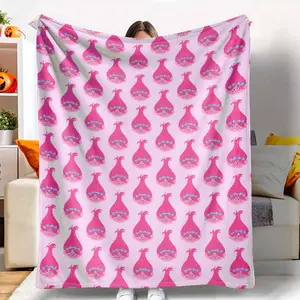 Cartoon Trolls Pattern Flannel Blanket  Pink Cheerful Character Print  Soft Cozy Warm Lightweight  Perfect for Bedroom Sofa Travel Gift Party Decor tiktokshopspringglowup