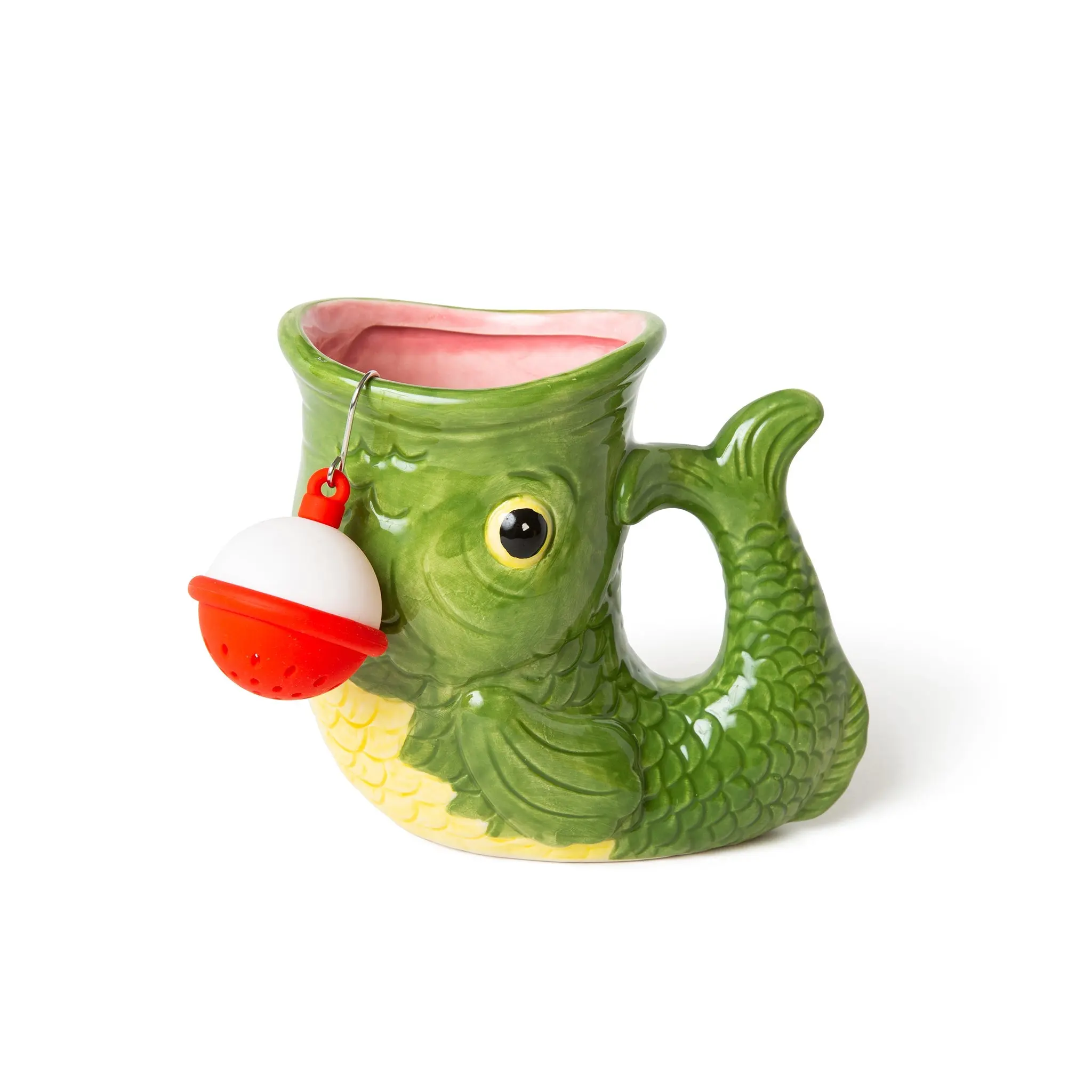 BigMouth Fish with Infuser Mug — Green Ceramic Tea Mug with Bobber-Shaped Tea Infuser, Funny Fishing Gift for Dad, Novelty Coffee Cup for Fishermen and Anglers