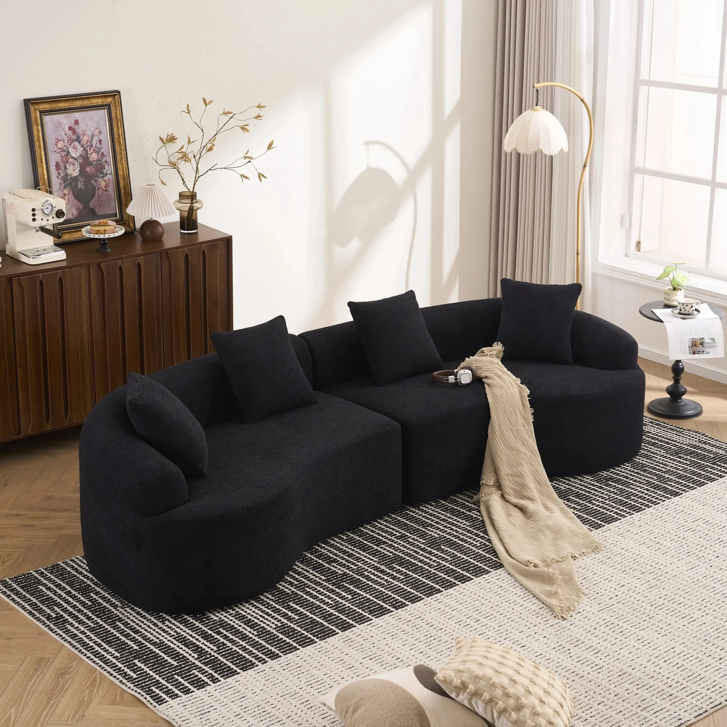 Curved Boneless sofa Compression Modular 110 Sectional White High Density Couches Sleeper for Living Room Bedroom Apartment Lounge Chenille No Assembly Needed Easy to Move living room furniture