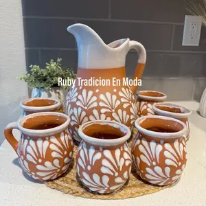 Handmade Mexican Pitcher / Talavera Inspired Design / Ceramic Pitcher and Mugs/