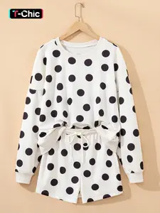 Women's Polka Dot Print Off-Shoulder Sweater Set, High Waist Drawstring Shorts, Comfortable Homewear for Spring & Fall