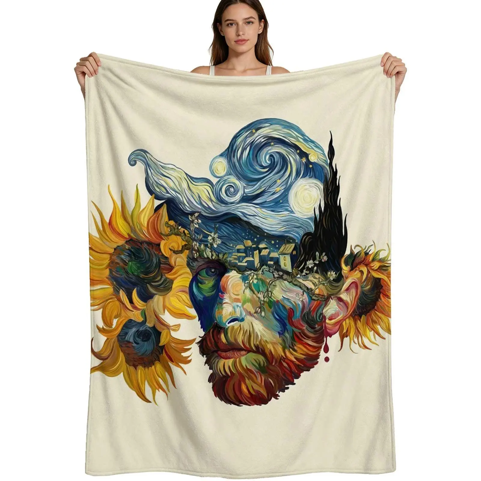 Vincent Van Gogh Art Style Warm Flannel Blanket - Starry Night & Sunflowers Vibrant Prints, Soft Plush Fabric, Artistic Flair, for Art Lovers, Bedroom Decor, 4 Multi-Size Options, Single Pack
