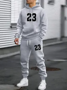 Men's spring and autumn thin personalized number 23 print pattern lightweight hoodie and sweatpants set, stylish casual men's pocket sports pants with elastic waist drawstring, two-piece long pants suitable as a gift for husband or boyfriend