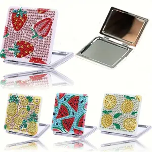 DIY Diamond Arts Colorful Painting Mirror, 1 Count Portable Small Mirror, Plant & Fruit Pattern DIY Makeup Mirror for Adults & Ladies