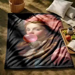 1 piece Portrait of a noblewoman wearing a pink feathered hat in Rococo style themed flannel blanket - Oversized fluffy warm sofa blanket, suitable for beds and sofas, modern geometric pattern design, all-season use, digital printing, 100%