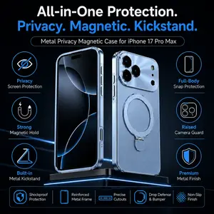 Metal Privacy Magnetic Case for iPhone 17 Pro Max, Anti-Peep Full-Body Shockproof Smartphone Accessory with Built-in Ring Kickstand for Business & Travel, Compatible with Cellphone Handheld Devices Car Mounts