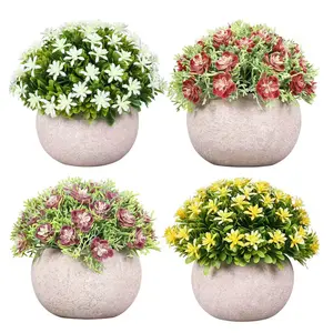 4 PCS Mini Potted Fake Plants Artificial Plastic with Round ceramic basin Shape like a starry sky flower for Home Office Desk Farmhouse Room Bathroom Decor Decorative Fruit flower bouquet  decor ribbon rose bouquet Ornaments room decor