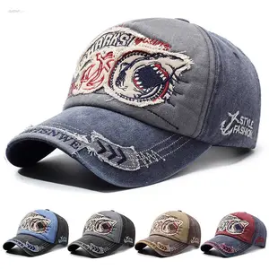 Unisex Vintage Distressed Ripped Shark Embroidered Baseball Cap, Hip‑Hop Streetwear Sun‑Shield Headwear, Breathable Versatile Accessory for Spring Autumn Daily & Outdoor Occasions