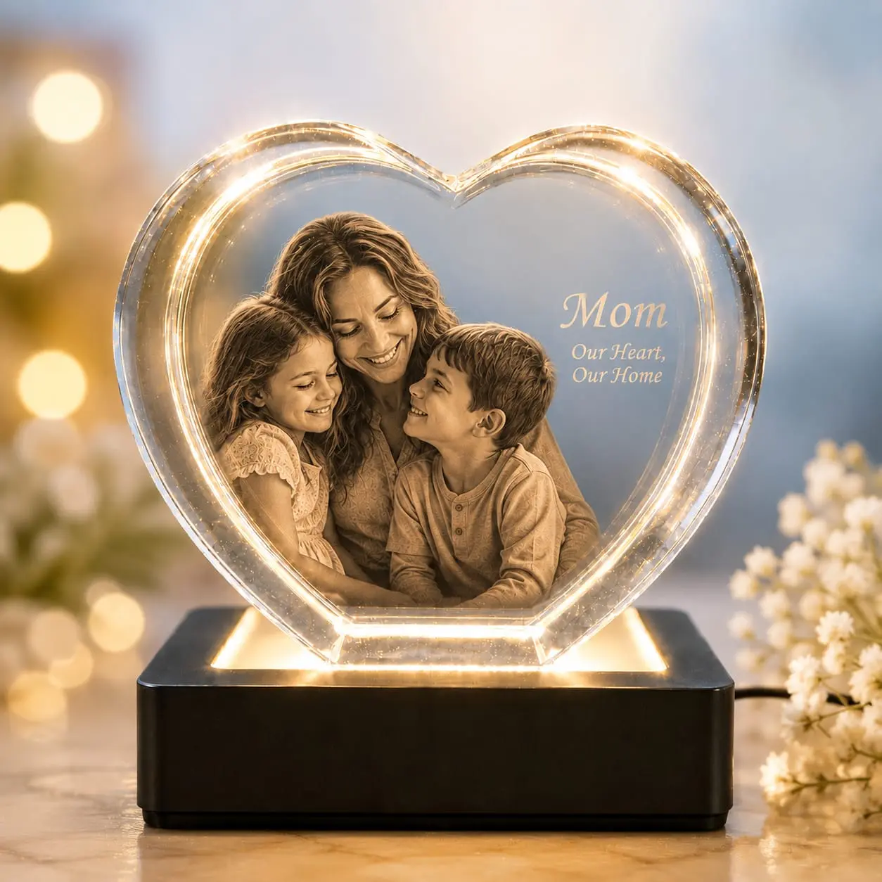 Personalized 3D Crystal Heart, Custom Photo Engraved in Glass, Heart Shaped Crystal Keepsake, Personalized Gift with LED Base