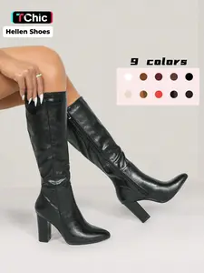 Women's Solid Color Knee High Heel, Elegant Pointed Toe for Fall & Winter, Pointy Toe Boots, Women's Shoes