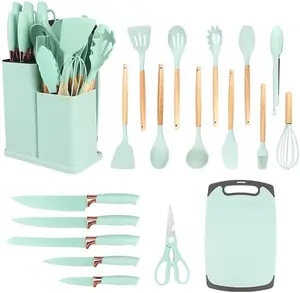 19pcs Kitchen Utensil & Knife Block Set: Non-Stick, Heat-Resistant Silicone Cooking Utensils (Spatula, Tongs, Ladle, Scissors),Sharp Kitchen Knives & Cutting Board;Valentine gift; home essential