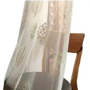 American Style Leaf Embroidered Sheer Curtains Modern Light Filtering Privacy Solid Color Fabric
