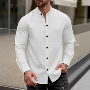 Autumn men's new waffle solid color cardigan with button up stand up collar long sleeved shirt casual top