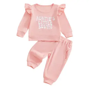 Toddler Girls 2 Piece Outfits Letter Embroidery Long Sleeve Crew Neck Tops and Elastic Waist Pants Set