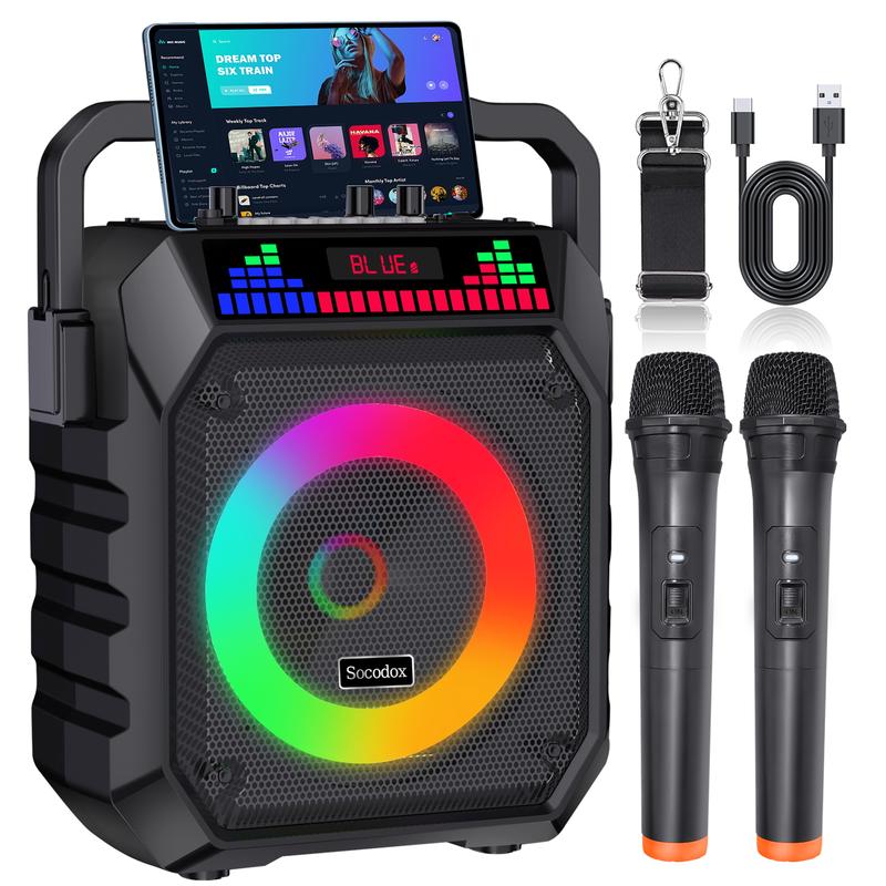 Socodox Karaoke Machine for Adults & Kids Portable Bluetooth 5.2 Speaker with 2 Wireless Microphones RGB Lights AUX USB TF AUX Home PA System for Family Party Outdoor Fun