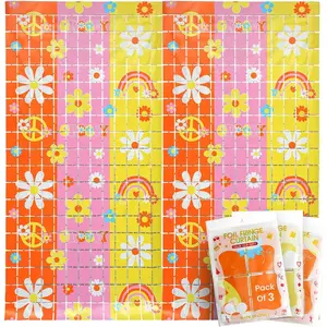 , 3 count Groovy Fringe Backdrop Curtain | Retro Floral Backdrop for Groovy Decoration Hippie Party Spring Decorations Boho Birthday Decoration Retro Theme Summer Party Decorations