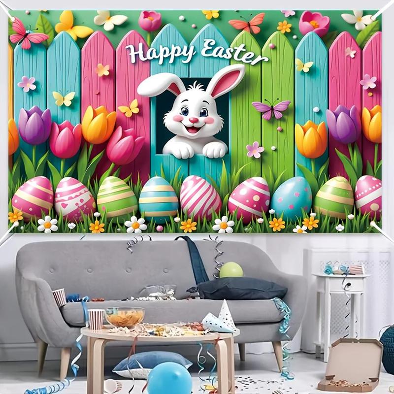 1PC,2D Flat Easter - themed Decorative Backdrop Cloth, Cartoon Rabbit, Colorful Eggs, Flowers, Butterflies Pattern Party Hanging Cloth, Festival Scene Decoration, Photo Background Banner Prop