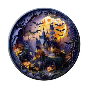 3D Halloween Castle-2 Wooden Jigsaw Puzzle, Puzzle Beautiful Wooden Box, Wooden Jigsaw Puzzles Unique Shape, Birthday Creative Gifts for Adults and Kids Family Game