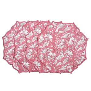 Embroidered Scalloped Cotton Placemats - Coral Pink (Set of 4)